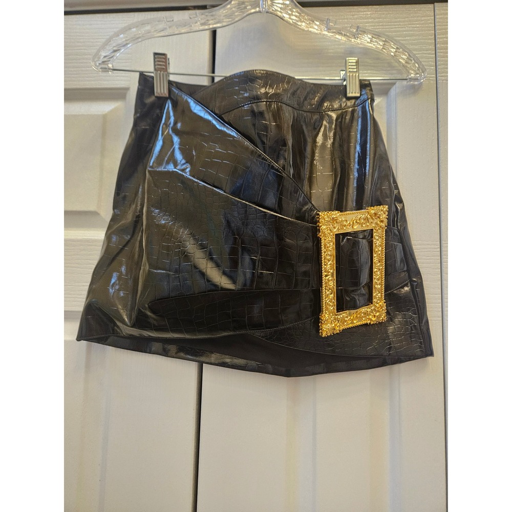 Miss Rosier Black Croc Embossed Faux Leather Mini Skirt Gold Buckle Wrap Size M